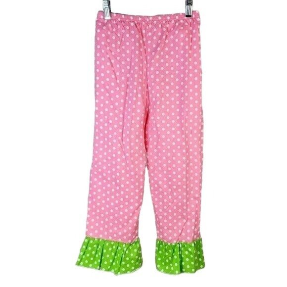 Girls Ruffle Pants Pink Size 7 White Green Lined Polka Dot Full Length Pull On - Picture 1 of 6